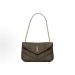 SAINT LAURENT YSL PUFFER Gold Logo sliding chain strap crossbody single-shoulder bag for women, brown